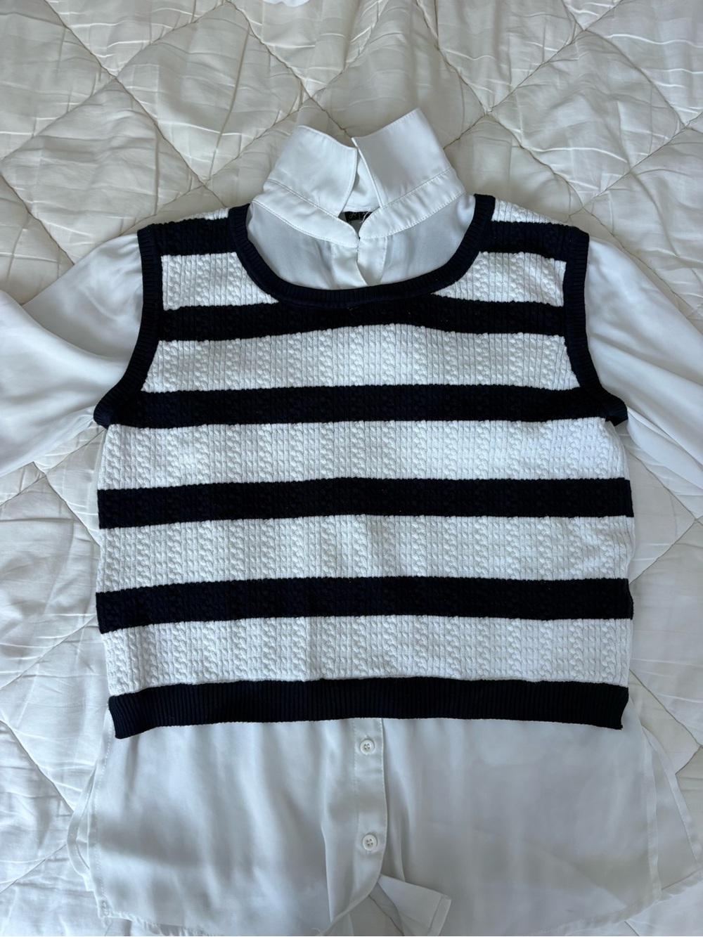 Adrianna Papell Navy and White Layered Look Sweater Shell